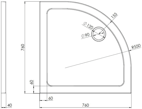 Technical image of Nuie Trays Quadrant Shower Tray 760x760mm (Gloss White).