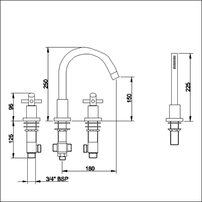 Technical image of Ultra Scope 4 Tap hole bath shower mixer with small swivel spout.