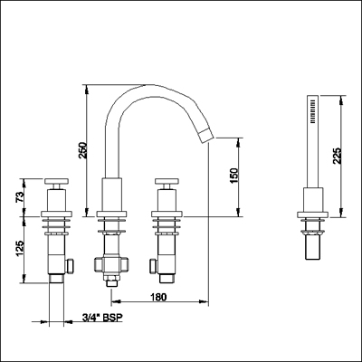 Technical image of Ultra Milo 4 Tap hole bath shower mixer with small swivel spout.