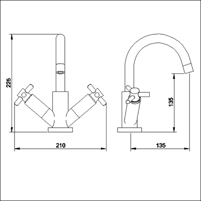 Technical image of Ultra Aspect Mono basin mixer with small spout and pop up waste.