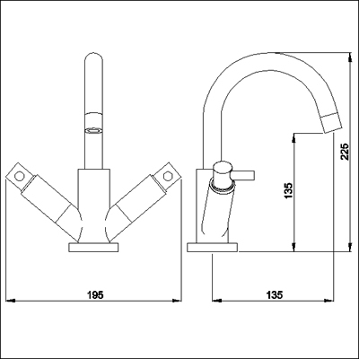 Technical image of Ultra Horizon Mono basin mixer with small spout and pop up waste.