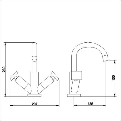 Technical image of Ultra Milo Mono basin mixer with small spout and pop up waste.