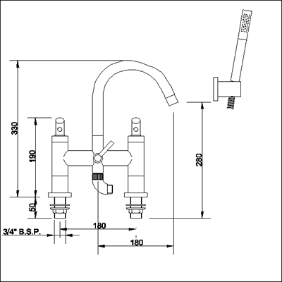 Technical image of Ultra Scene Bath shower mixer small swivel spout and shower kit.