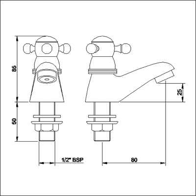 Technical image of Monet Basin taps (pair, ceramic valves)