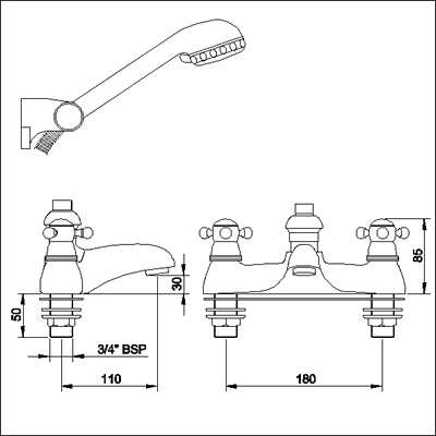 Technical image of Monet 3/4" Bath shower mixer including kit (ceramic valves)