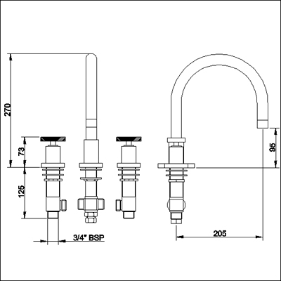 Technical image of Ultra Reno 3 Tap hole bath filler with swivel spout.