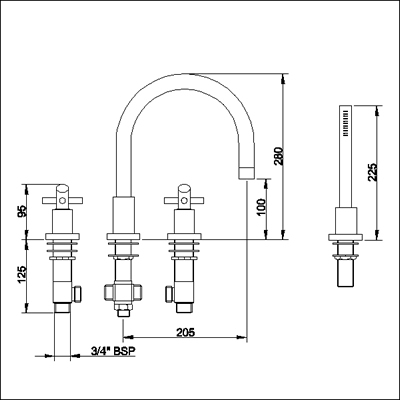 Technical image of Ultra Scope 4 Tap hole bath shower mixer with swivel spout.