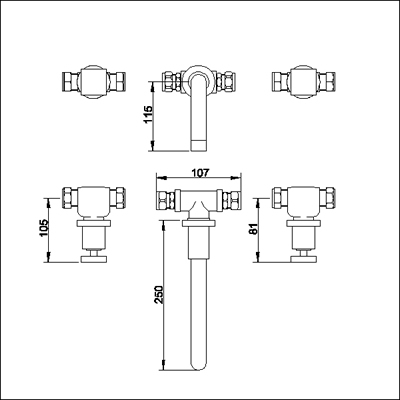 Technical image of Ultra Milo 3 Tap hole wall mounted bath filler.