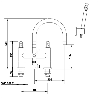 Technical image of Ultra Scene Bath shower mixer with swivel spout and shower kit.