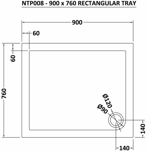 Technical image of Hudson Reed Pearlstone Trays Low Profile Shower Tray. 900x760x40mm.