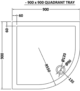 Technical image of Ultra Pearlstone Low Profile Quadrant Shower Tray. 900x900x40mm.