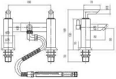 Technical image of Hudson Reed Xeta Bath Shower Mixer With Shower Kit And Wall Bracket.