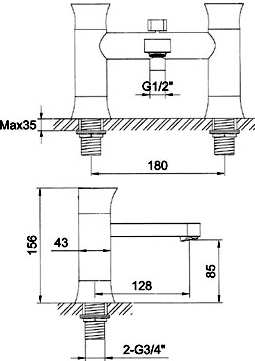 Technical image of Hudson Reed Quill Bath Shower Mixer Tap With Shower Kit (Chrome).