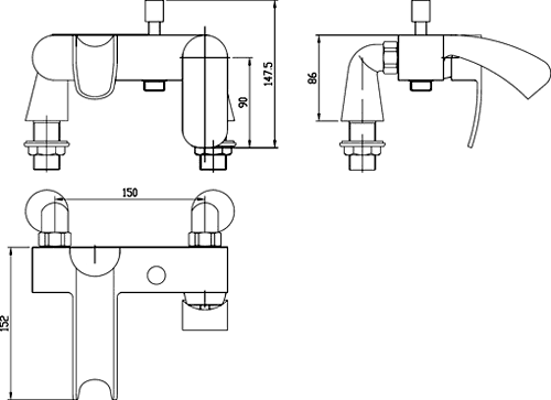 Technical image of Hudson Reed Reign Waterfall Bath Shower Mixer Tap With Shower Kit.