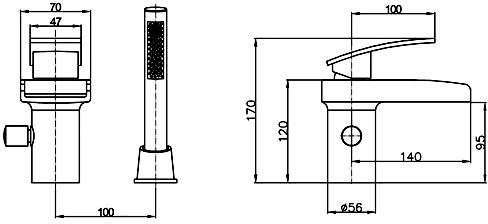 Technical image of Hudson Reed Rhyme 2 Hole Waterfall Bath Shower Mixer Tap (Free Shower Kit).