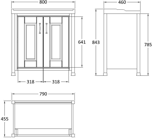 Technical image of Old London Furniture 800mm Vanity, 600mm WC & Tall Unit (Stone Grey).