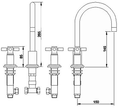 Technical image of Hudson Reed Tec 3 Tap Hole Basin Tap With Large Spout & Cross Handles.