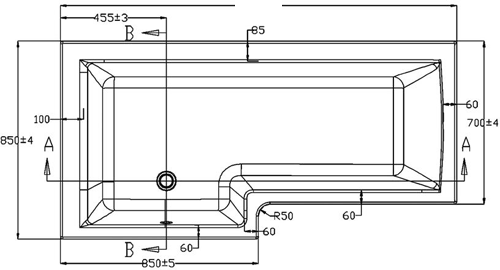 Technical image of Ultra Baths Shower Bath With Panel & Screen. (Left Handed) 850x1500mm.