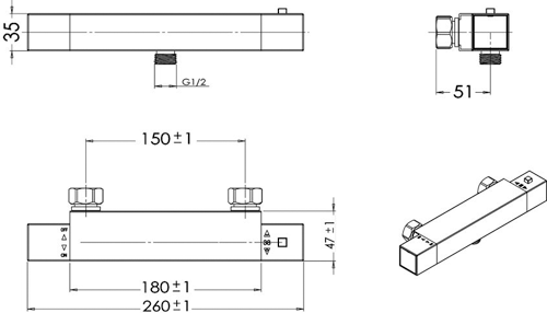 Technical image of Premier Showers ABS Square Thermostatic Bar Shower Valve (Chrome).