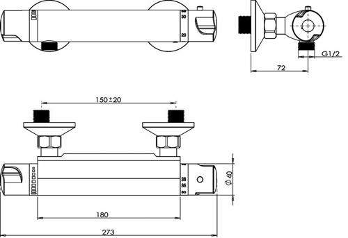 Technical image of Ultra Showers TMV2 Thermostatic Bar Shower Valve (Bottom Outlet).