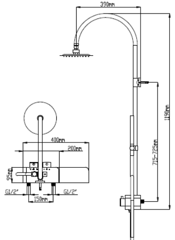 Technical image of Hudson Reed Showers Thermostatic Shower Valve With Rigid Riser & Shelf.