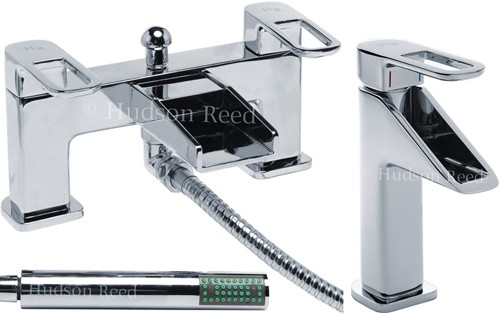 Larger image of Hudson Reed Verse Waterfall Basin & Bath Shower Mixer Tap Set.