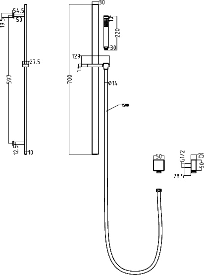 Technical image of Ultra Vibe Vibe Thermostatic Shower Valve With Head, Slide Rail & Jets.