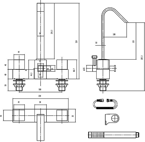 Technical image of Hudson Reed Zaro Bath Shower Mixer With Swivel Spout And Shower Kit.