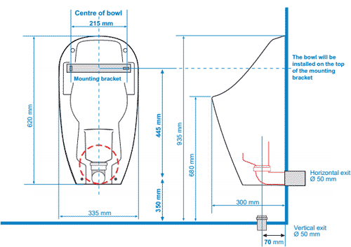 Technical image of Waterless Urinal 3 x Ceramic Compact Urinal With Trap & ActiveCube.