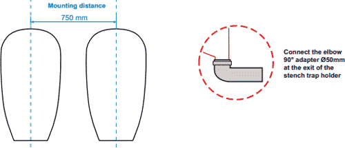 Technical image of Waterless Urinal 3 x Ceramic Compact Urinal With Trap & ActiveCube.