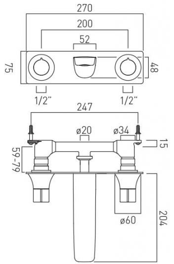 Technical image of Vado Altitude 3 Hole Wall Mounted Basin Tap (Bright Nickel).