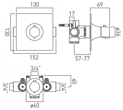 Technical image of Vado Altitude Concealed Thermostatic Shower Valve (Brushed Gold).