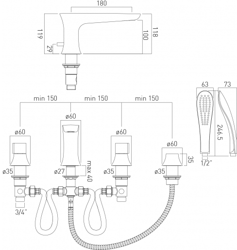 Technical image of Vado Altitude 4 Hole BSM & 3 Hole Basin Tap Pack (Chrome).