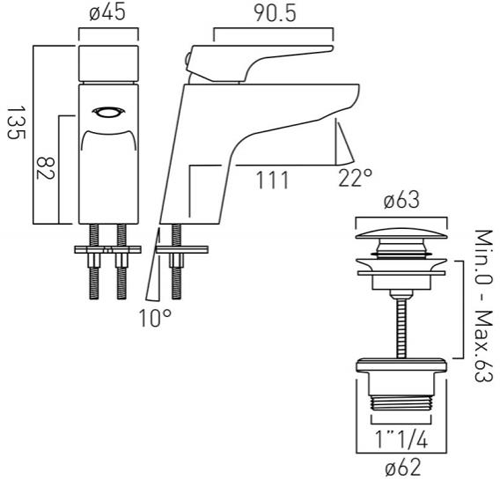 Technical image of Vado Ascent Mono Basin Mixer Tap With Universal Waste (Chrome).