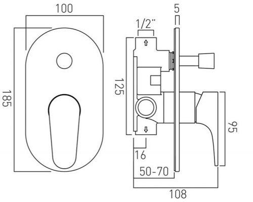 Technical image of Vado Ascent Manual Shower Valve With Diverter & 2 Outlets (Chrome).