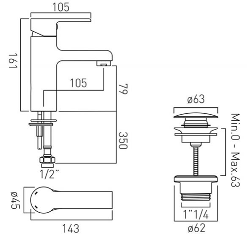 Technical image of Vado Ion Basin Mixer Tap With Universal Waste (Chrome).