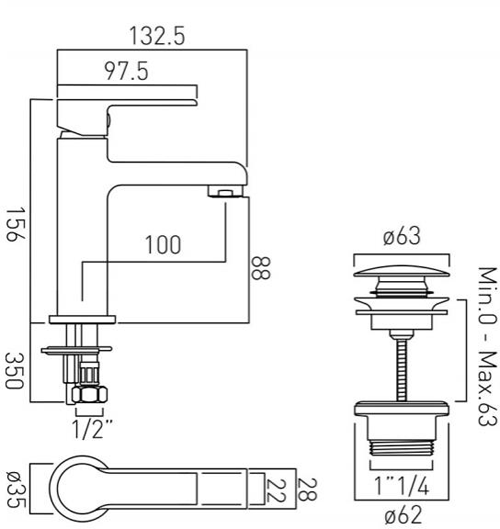 Technical image of Vado Ion Mini Basin Mixer Tap With Universal Waste (Chrome).