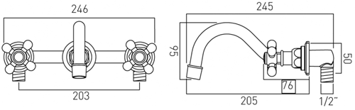 Technical image of Vado Kensington Wall Mounted Basin & Bath Filler Tap Pack (Chrome & Black).