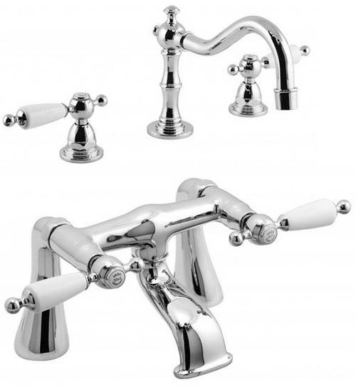 Larger image of Vado Kensington 3 Hole Basin Mixer & Bath Filler Tap Pack (Chrome & White).