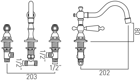 Technical image of Vado Kensington 3 Hole Basin Mixer & Bath Filler Tap Pack (Chrome & White).