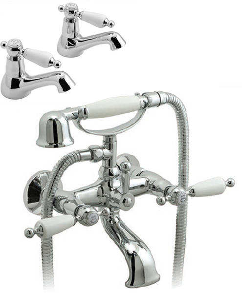 Larger image of Vado Kensington Basin Taps & Wall Mounted BSM Tap (Chrome & White).