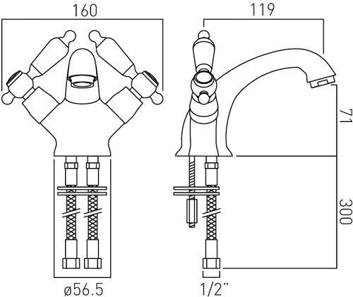 Technical image of Vado Kensington Basin Mixer & Floorstanding BSM Tap Pack (Chrome & White).