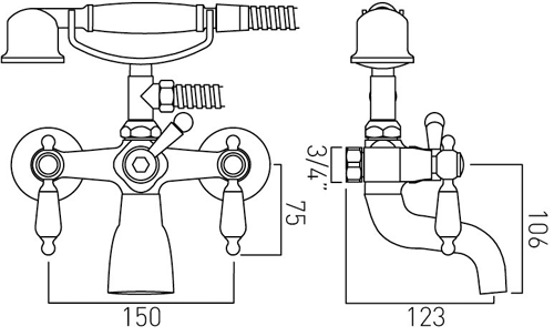 Technical image of Vado Kensington Basin Mixer & Wall Mounted BSM Tap Pack (Gold & White).