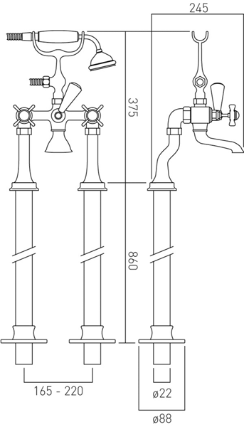 Technical image of Vado Kensington Floor Mounted Bath Shower Mixer Tap (Gold & White).