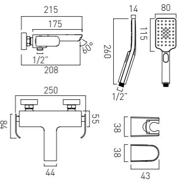 Technical image of Vado Kovera Wall Mounted Bath Shower Mixer Tap With Kit (Chrome).