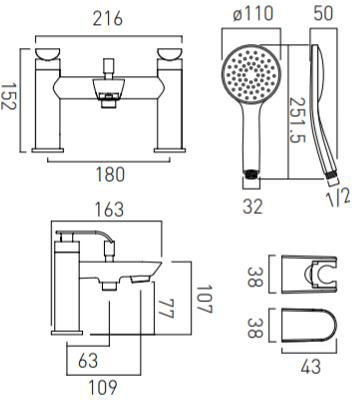 Technical image of Vado Kovera Bath Shower Mixer Tap With Shower Kit (Chrome).