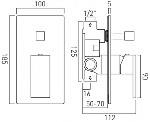 Technical image of Vado Notion Manual Shower Valve With Diverter (Bright Nickel).