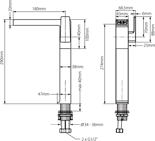 Technical image of Vado Synergie High Rise Waterfall Basin Tap (Chrome).