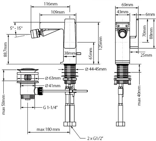 Technical image of Vado Synergie Bidet Tap (Chrome).