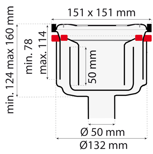 Technical image of VDB Shower Drains Shower Drain 150x150mm (Stainless Steel).